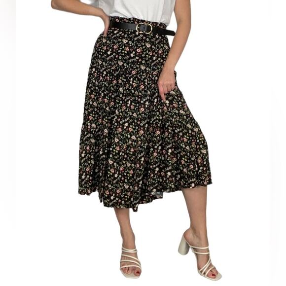 SO Large New with Tags High Rise Black & Pink Floating Floral Print Midi Skirt - Picture 1 of 10